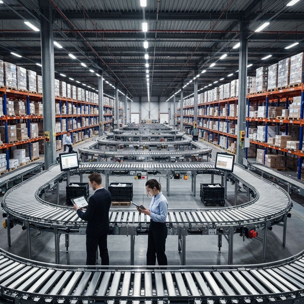 Modern warehouse distribution operations with automated systems and inventory management